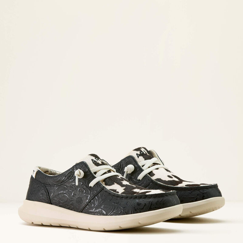 ARIAT WOMEN'S HILO SHOE (BLACK FLORAL EMBOSS|BLACK & WHITE HAIR ON)