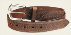 GINGERICH LEATHER ROOSEVELT DISTRESSED 1.375" EMBOSSED BASKETWEAVE LEATHER BELT