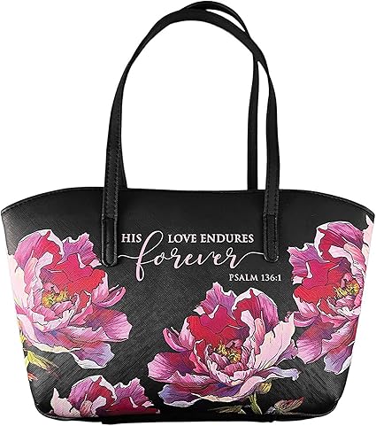 His Love Endures Black Floral Vinyl Zippered Handbag Style Bible Cover Carrier with Shoulder Straps X-Large