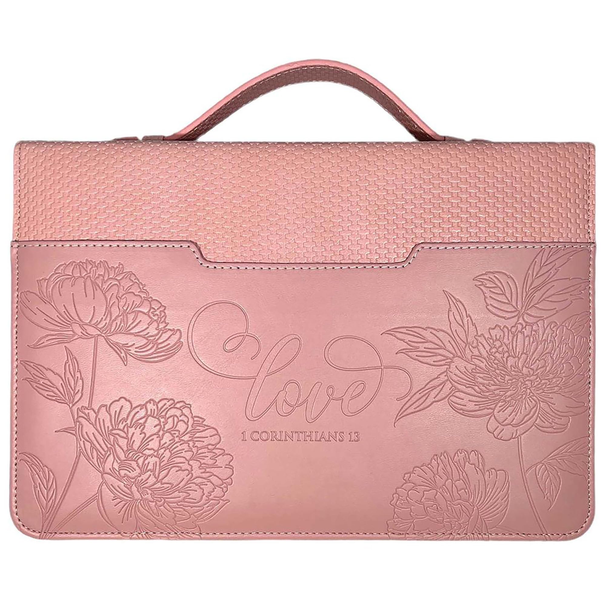 Love Blush Pink Vinyl Debossed Weave Pattern Zippered Bible Cover Carrier with Handle X-Large