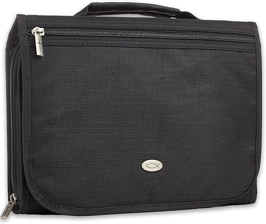 Jesus Fish Badge Men/Women Tri-Fold Organizer Bible Cover Zipper Closure, Black Canvas, Large