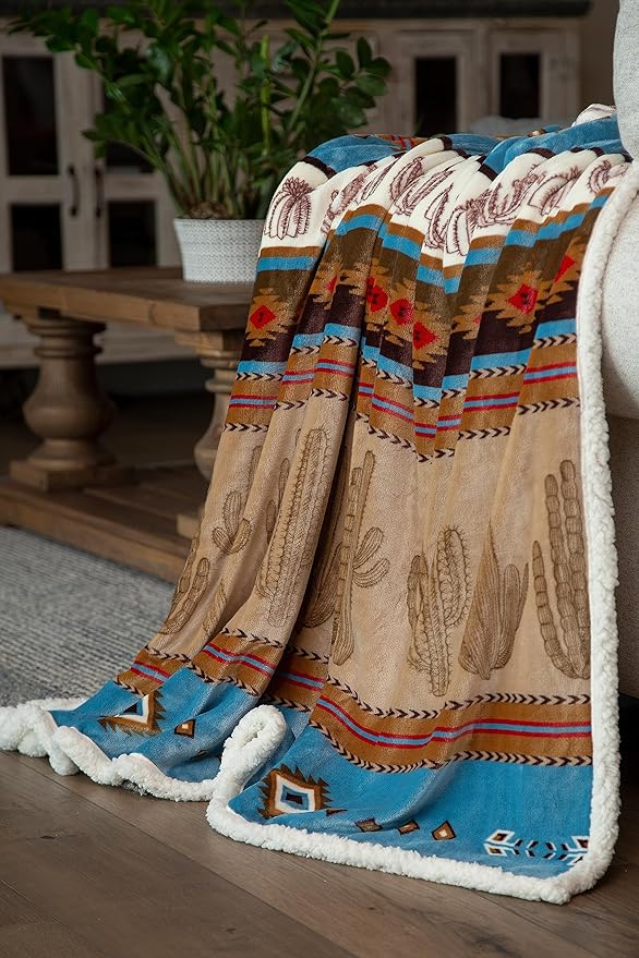 Linen Mart Cactus Rustic Cabin Plush Sherpa Throw 54" x 68"