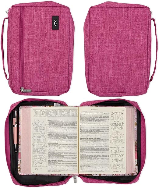 Bible Cover for Women w/Jesus Fish Patch, Secure Zipper Pocket, Pen Loops, Easy Carry Book Case for Stationery, Accessories, Pink, Large