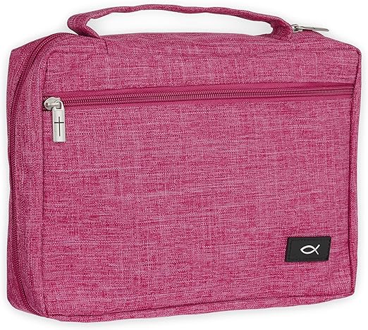 Bible Cover for Women w/Jesus Fish Patch, Secure Zipper Pocket, Pen Loops, Easy Carry Book Case for Stationery, Accessories, Pink, Large