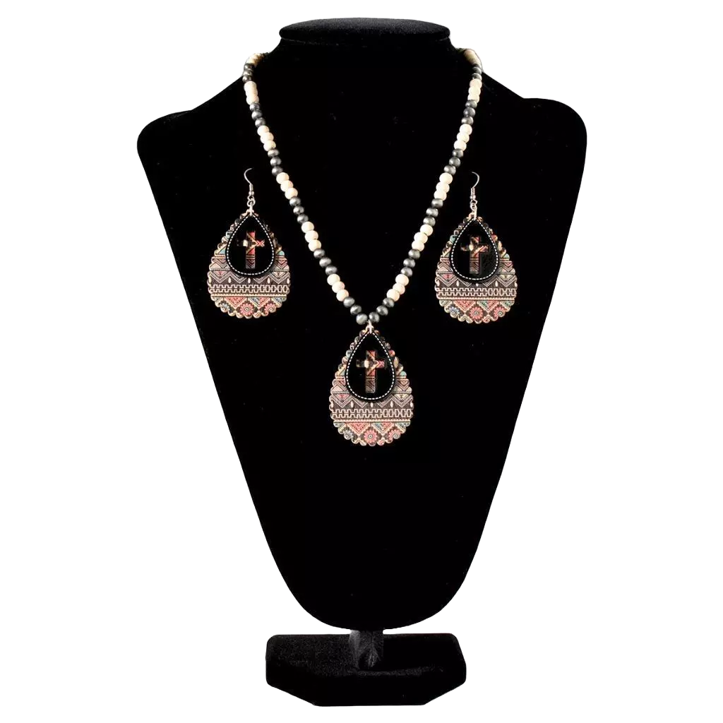 Silver Strike Ladies Western Beaded Cross Cutout Necklace Set