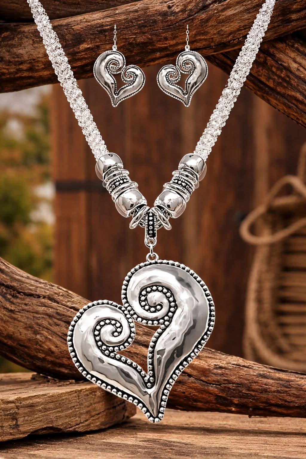 Silvertone Heart Necklace & Earring Set