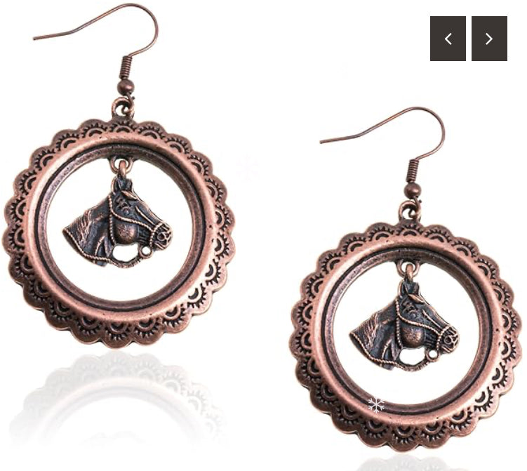 Wrangler Women's Etched Circle Alloy Horse Head Dangling Earrings (Bronze)
