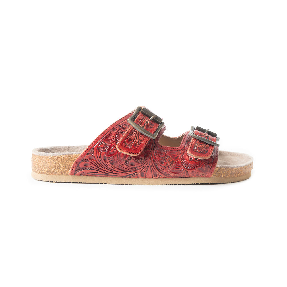 Myra Falling Feather Red Tooled Leather Sandals for Women