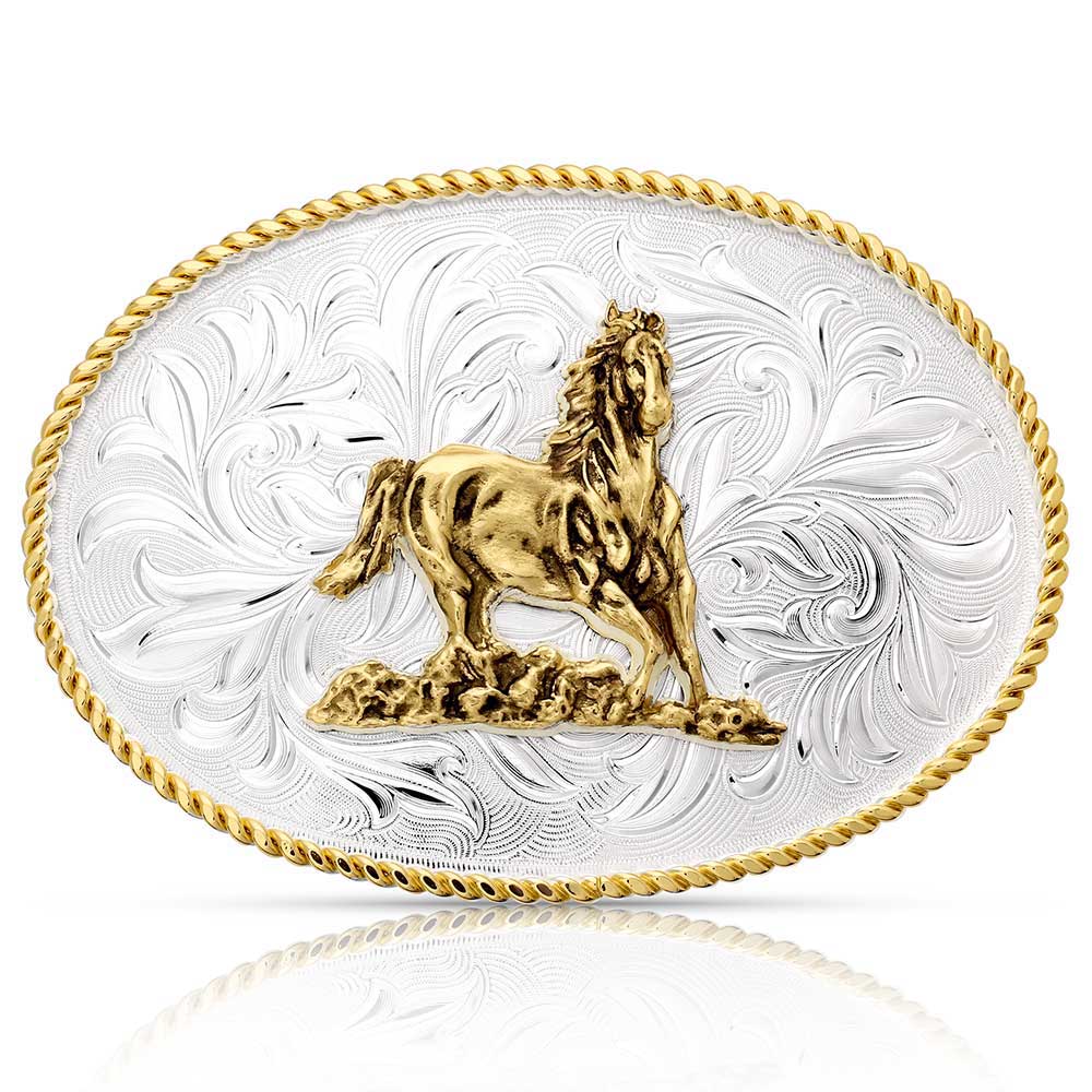 "Rosebud Legacy with Galloping Horse" Montana Silversmiths Belt Buckle