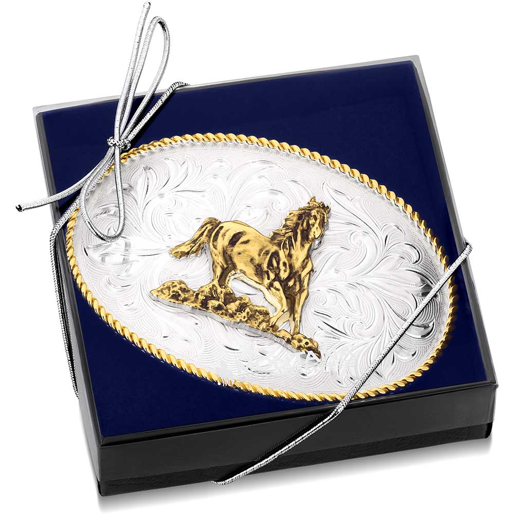"Rosebud Legacy with Galloping Horse" Montana Silversmiths Belt Buckle