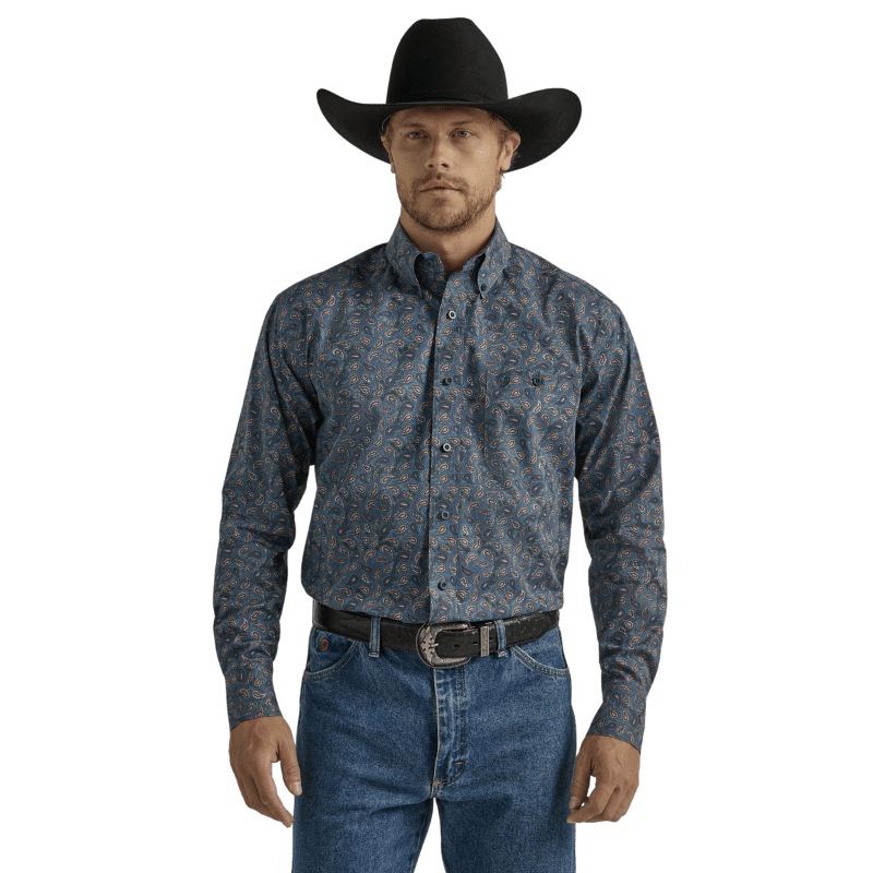 Wrangler Men's George Strait Long Sleeve Button Down Western Shirt (Navy Paisley)